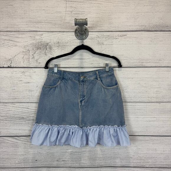 English Factory Women's Jean Ruffle Hem Mini Skirt Size Medium - Picture 1 of 5